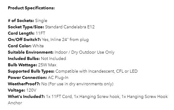 Cord Kit Candelabra Socket With Switch  E12 Base 11ft For Star Lanterns White Cord