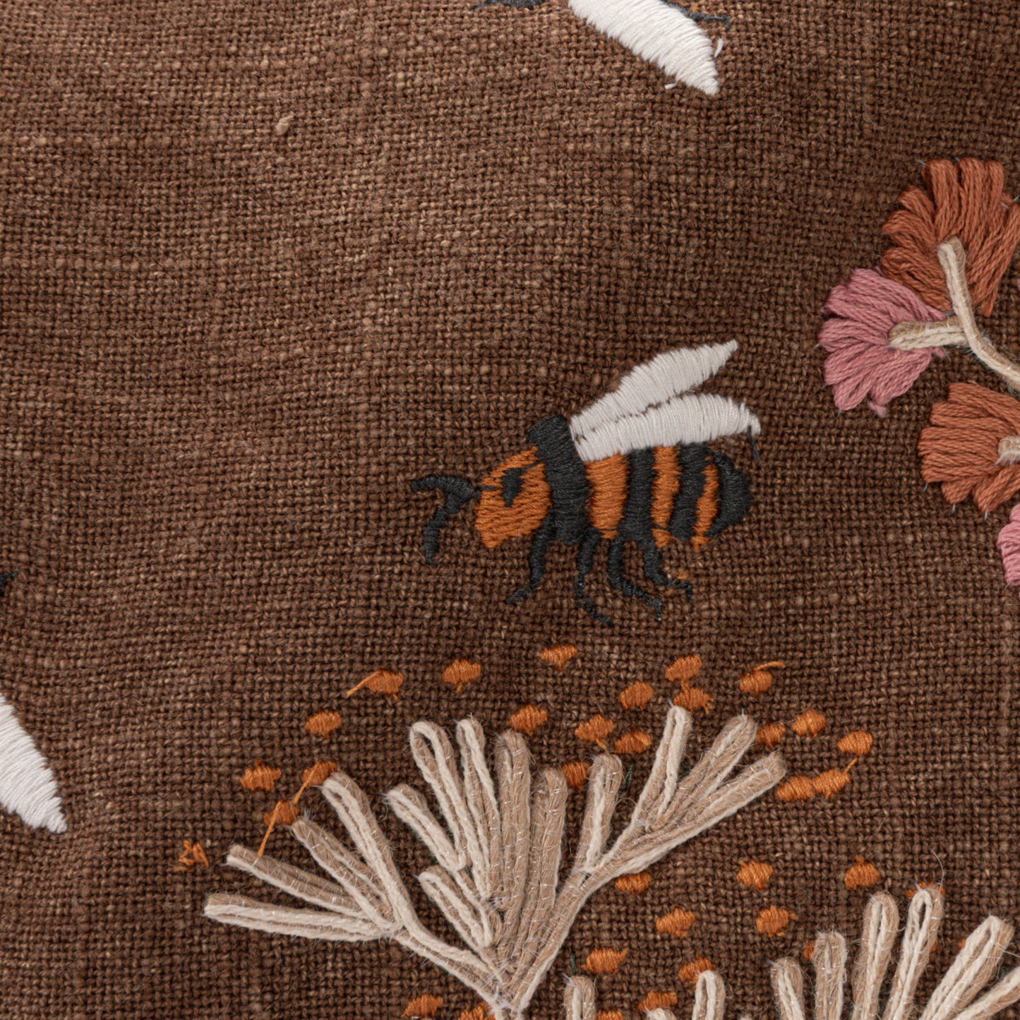 Pillow Lumbar Stonewashed Cotton Slub Flowers & Bees Browns & Pinks