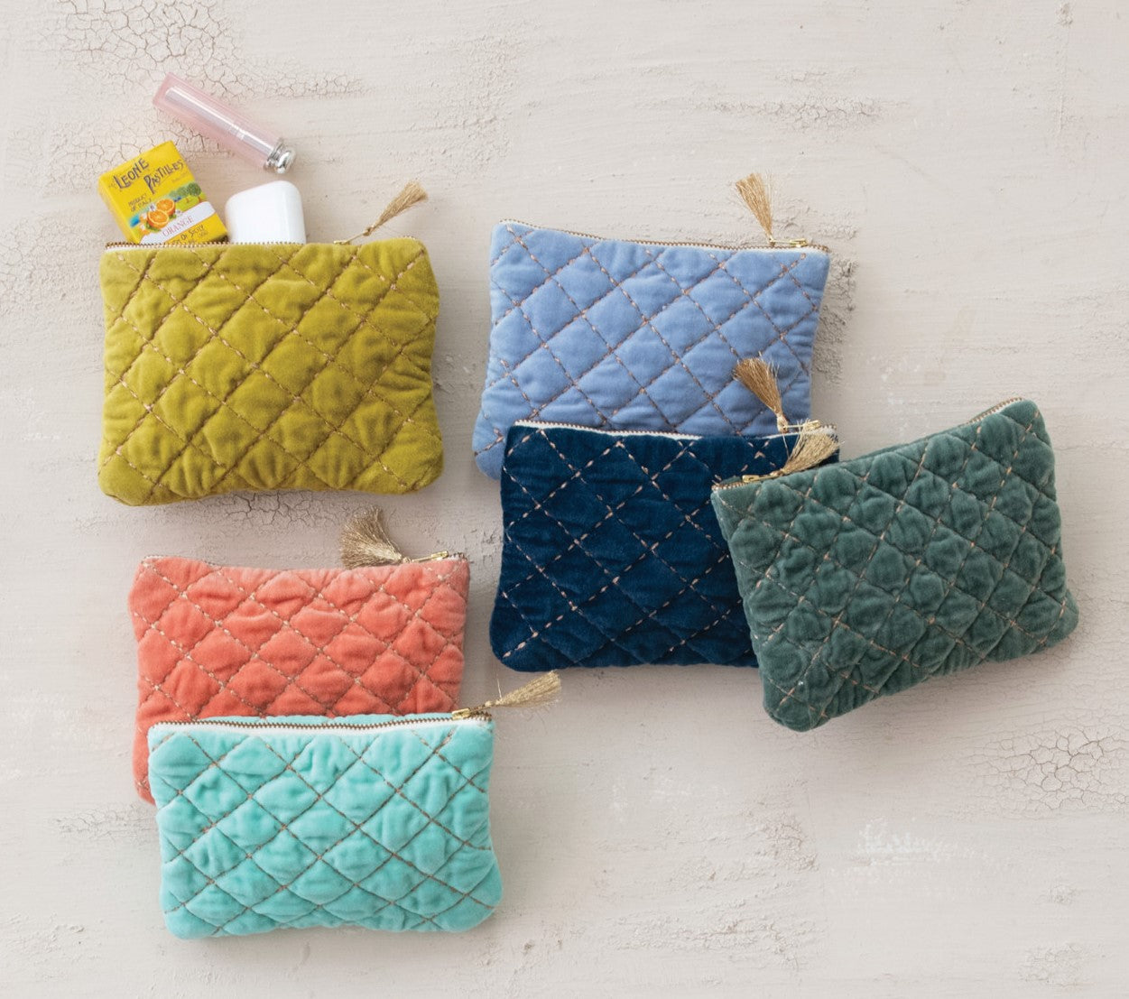 Zip Pouch Quilted Cotton Velvet w/ Tassel, 6 Colors (Sold Individually)