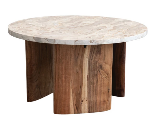 Marble & Acacia Wood Coffee Table 24" Round x 13.25"h