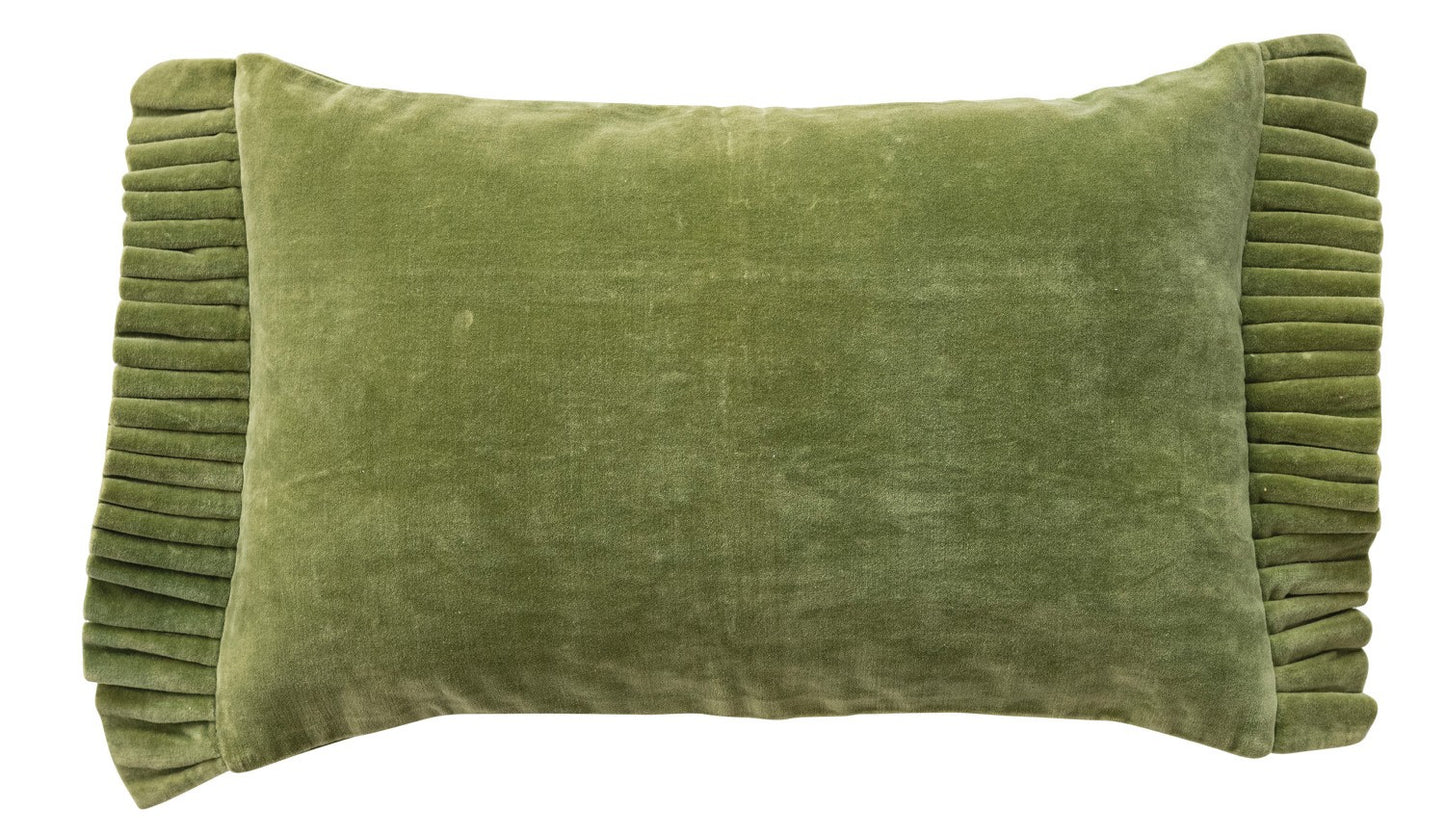 Pillow Lumbar Cotton Velvet Ruffle Trim Green 18"