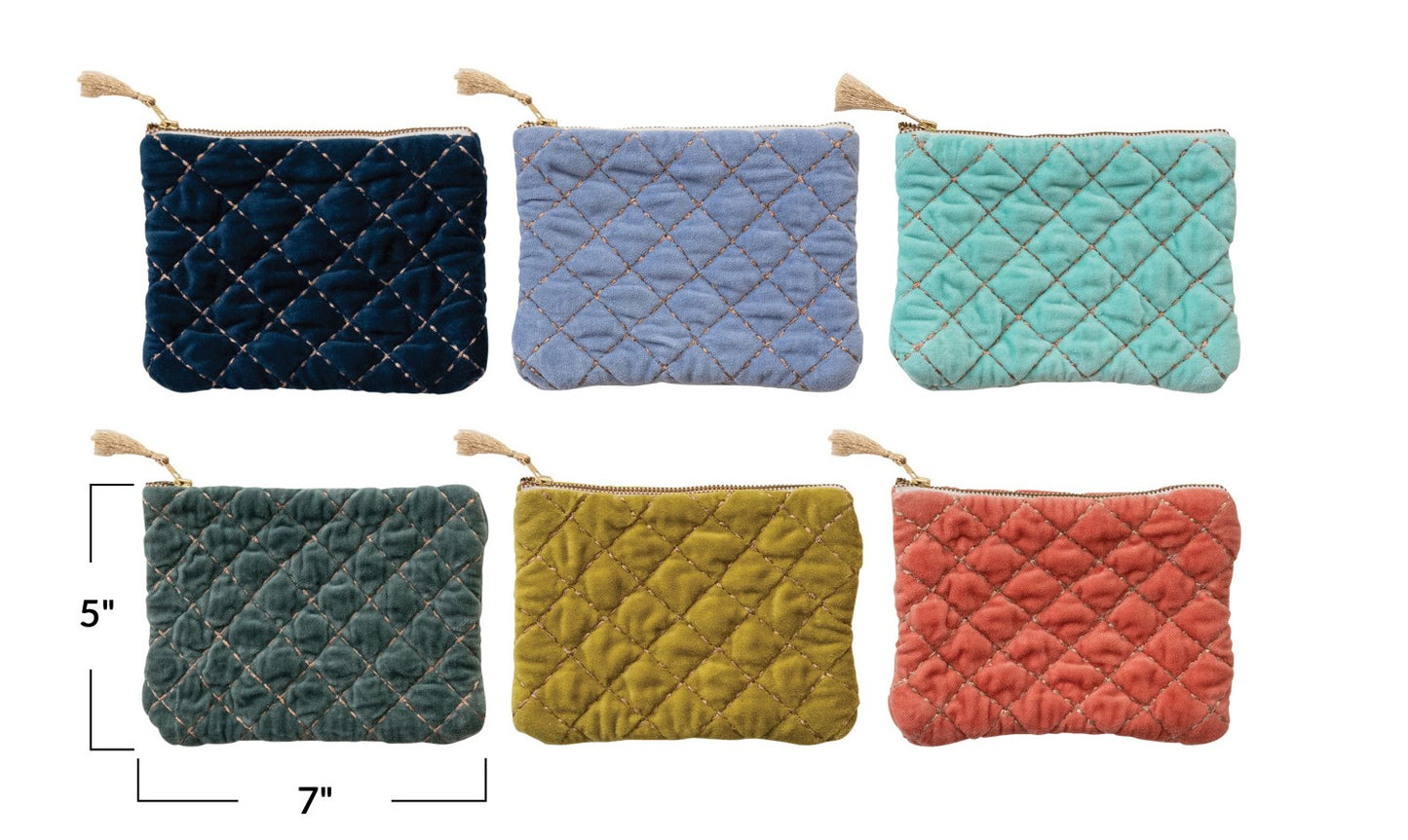 Zip Pouch Quilted Cotton Velvet w/ Tassel, 6 Colors (Sold Individually)
