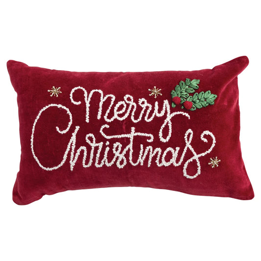 Pillow Lumbar Holiday Velvet Embroidery "Merry Christmas" 20" x 12"