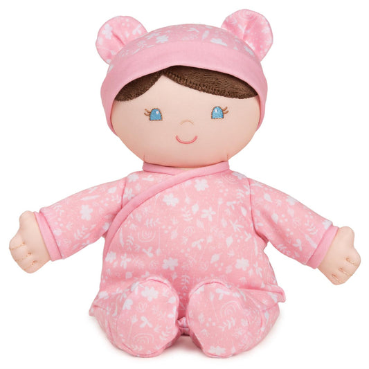 Plush Baby Doll Sustainable Rosabella Dressed In A Pink Onesie