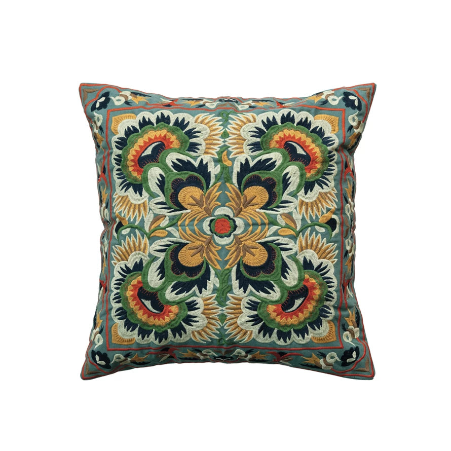 Pillow Cotton Embroidered Pattern Green 18" Square