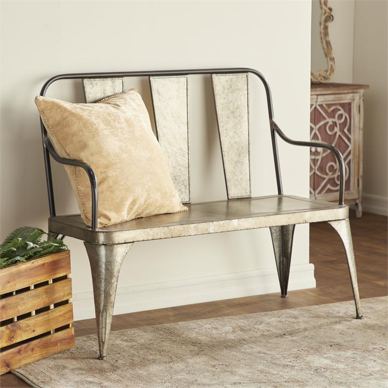 Silver Metal Outdoor Farmhouse Bench