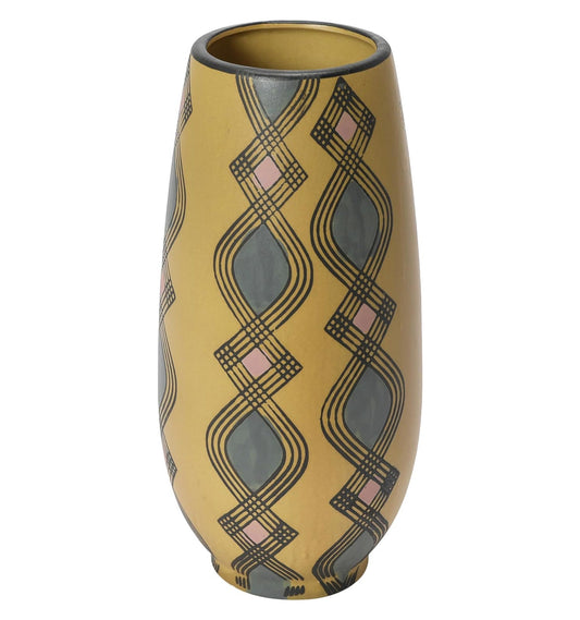 Vase Stoneware Hand Painted With Pattern Matte Blue, Lavender & Sand Color 9.75" High