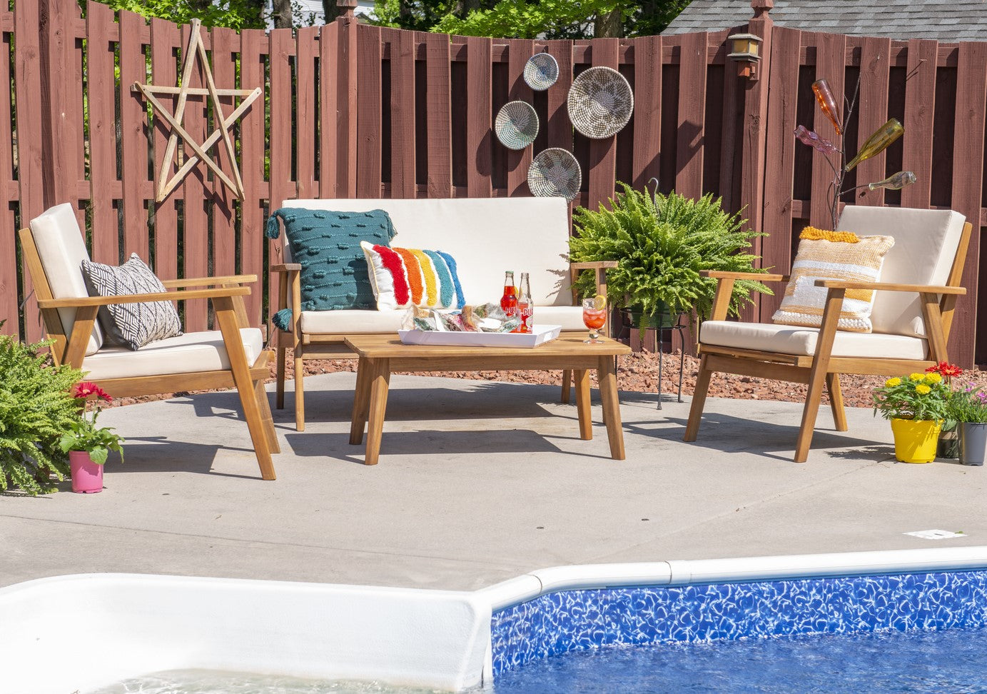 Cosgrove Acacia Wood Patio Chat Set Natural Cushion