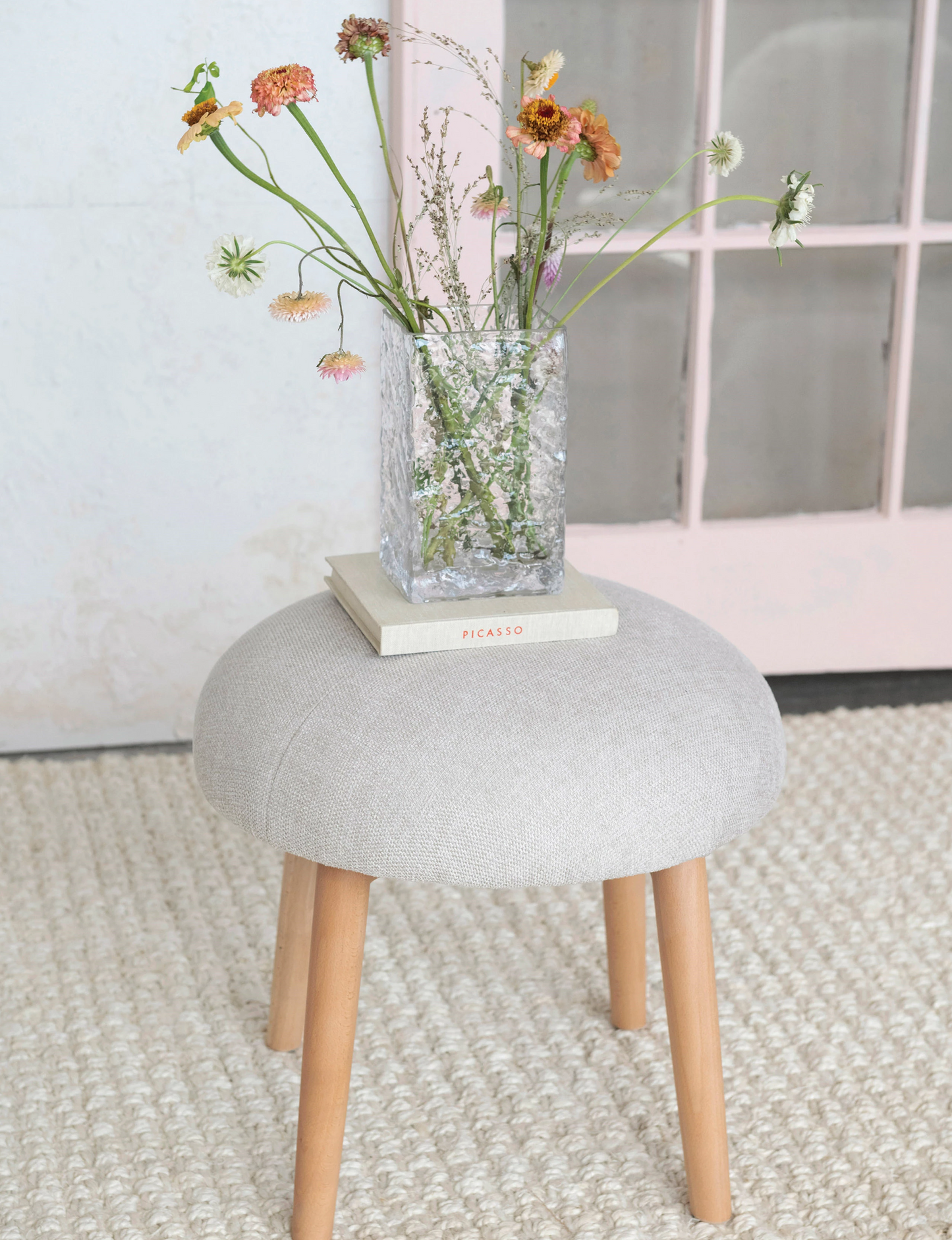 Stool Upholstered Round Linen Colored Button Tuft 17.75"h