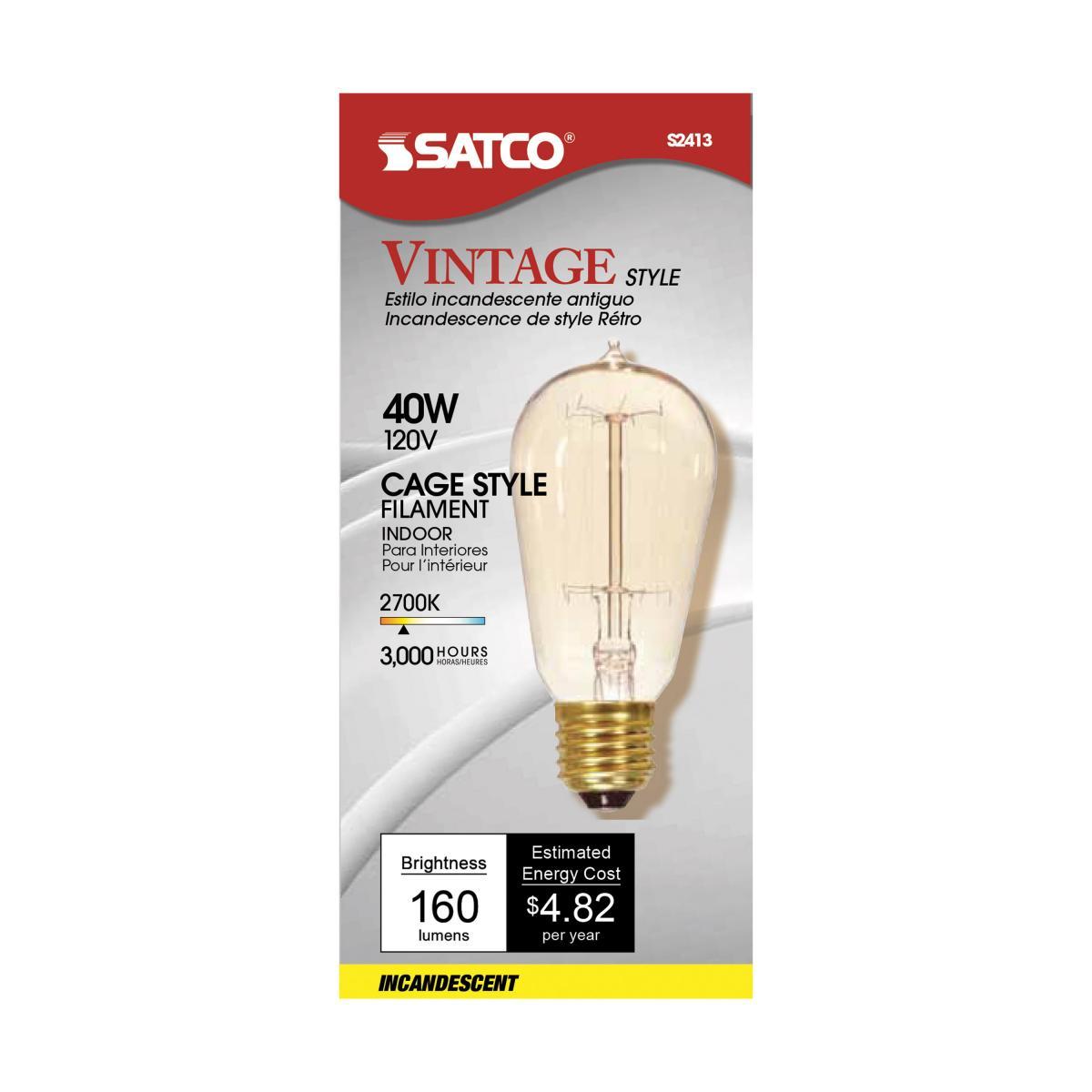 Light Bulb 40 Watt ST19 Incandescent, Edison Style; Filament - Cage Style; Clear; CCT (Kelvin) - 2700K; 160 Lumens; Medium base; 120 Volt