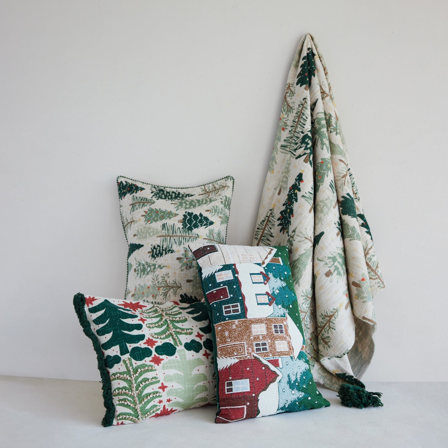 Pillow Holiday Lumbar Cotton & Linen Trees Green 28" x 14"