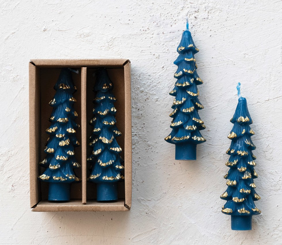 Holiday - Taper Candle - Tree Shaped - Set of 2 - Blue w/Gold Tips 4.75"h