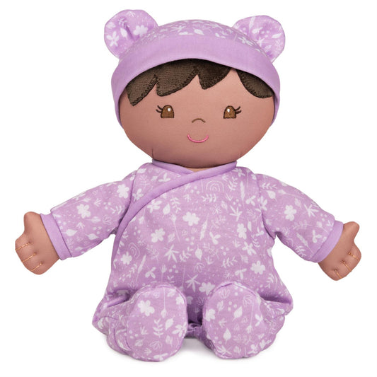 Plush Baby Doll Sustainable Leilani Dressed In A Lavender Onesie