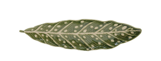 Decorative Plate Stoneware Leaf Shaped Green & White 16.75"l x 4.5"w
