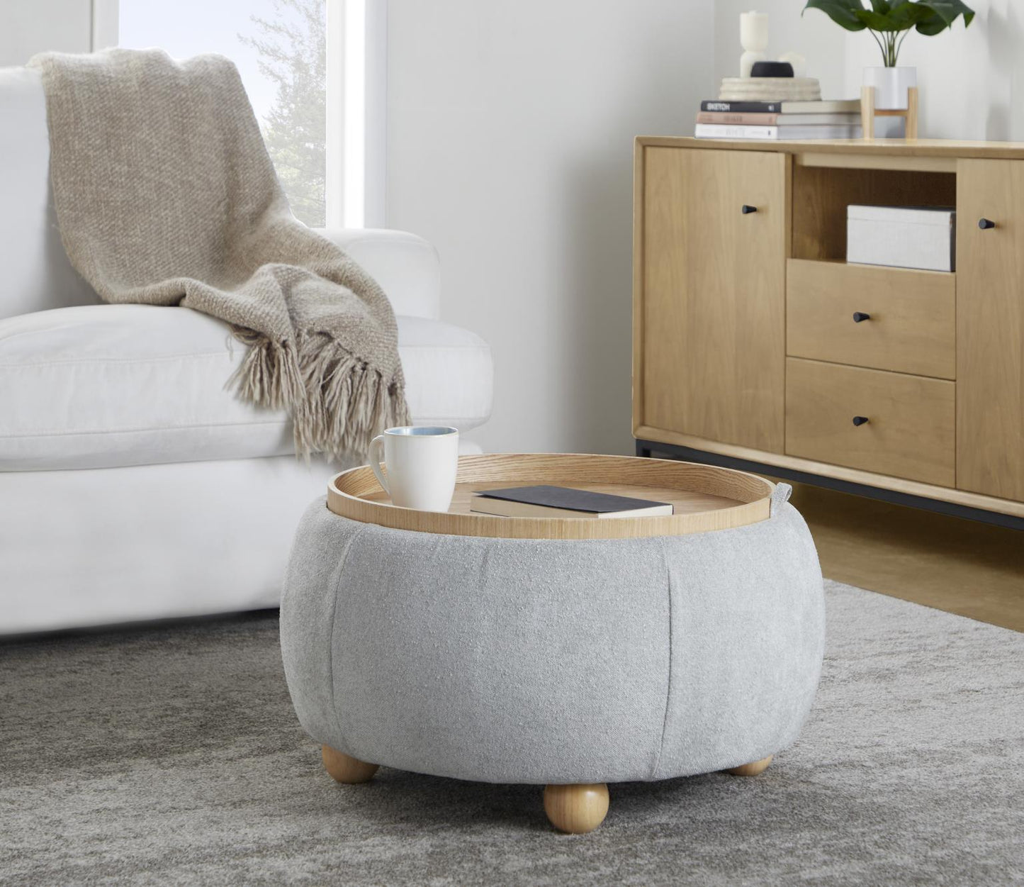 Tray Pouf Contemporary Storage Ottoman with Tray