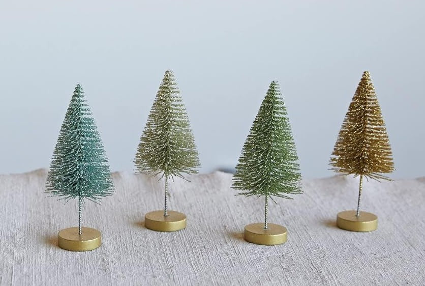 Tree Bottle Brush w/Wood Base - Green & Gold - Sold Individually - 6"h