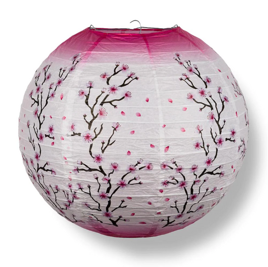 Paper Lantern 14in Regular Rib Pattern Pink Cherry Blossom Tree