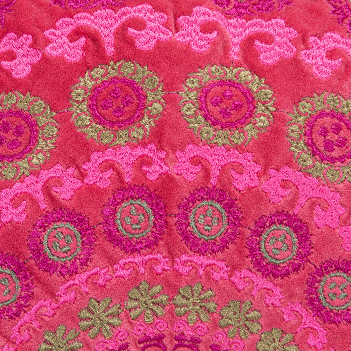 Pillow Round Cotton Velvet Embroidered Pink & Fuchsia 16"