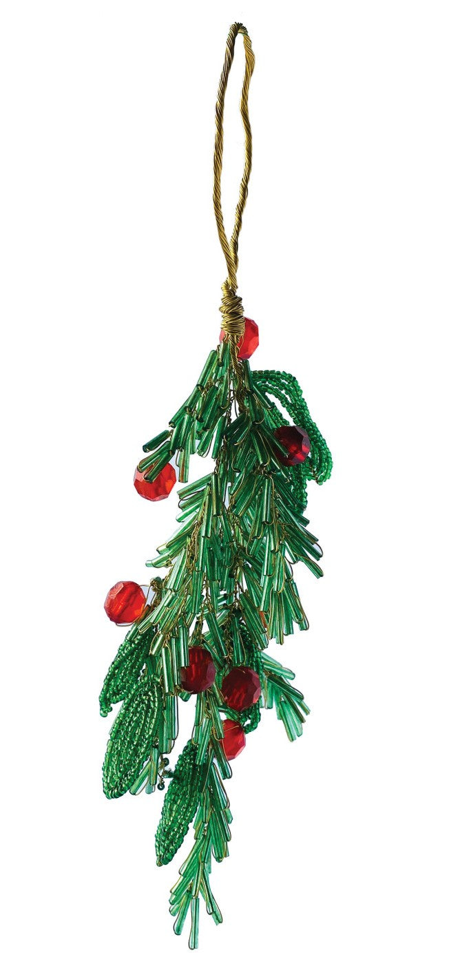 Ornament - Glass Bead & Wire - Mistletoe - Green, Red, Gold - 7"H