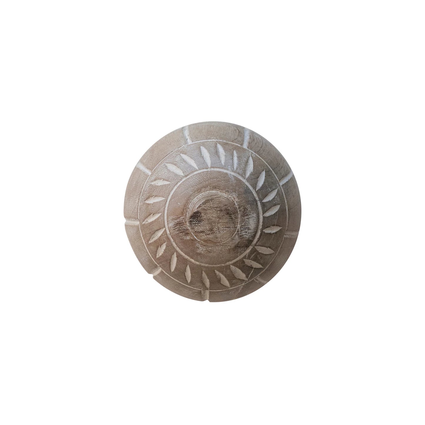 Ball Mango Wood Hand-Carved Whitewashed Grid 4" Round