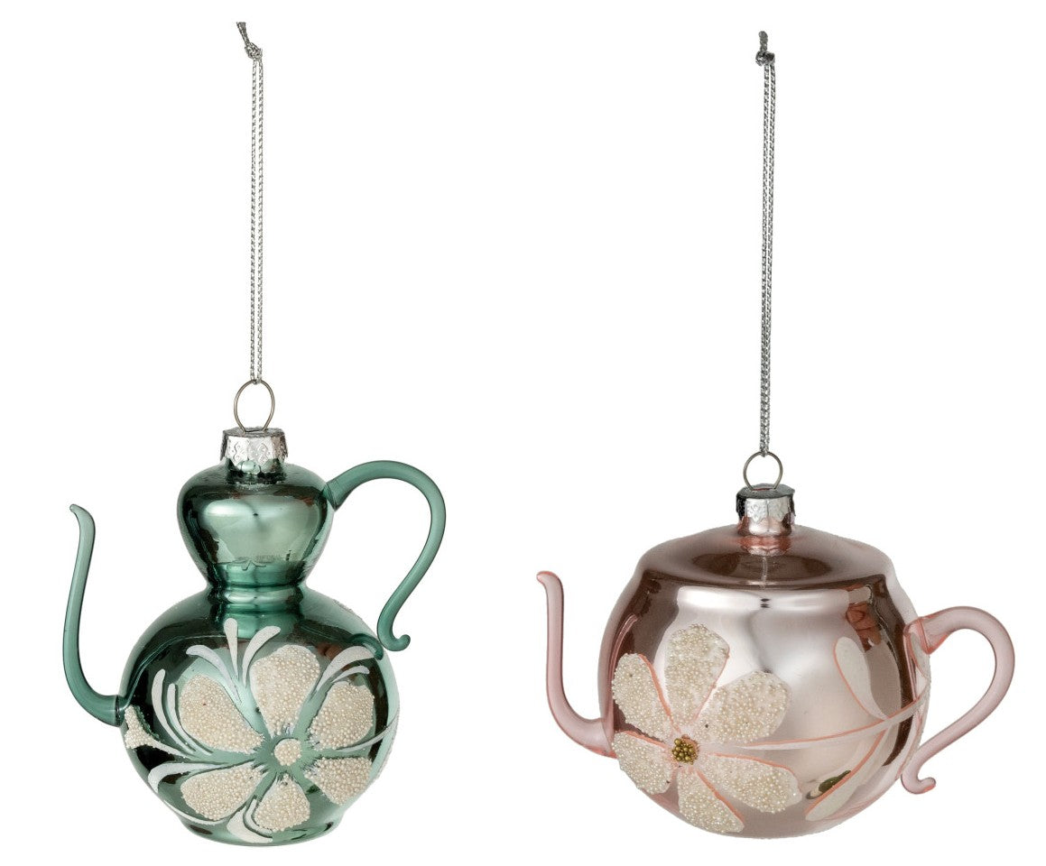 Ornament - Glass Hand Painted - Teapot with Flower