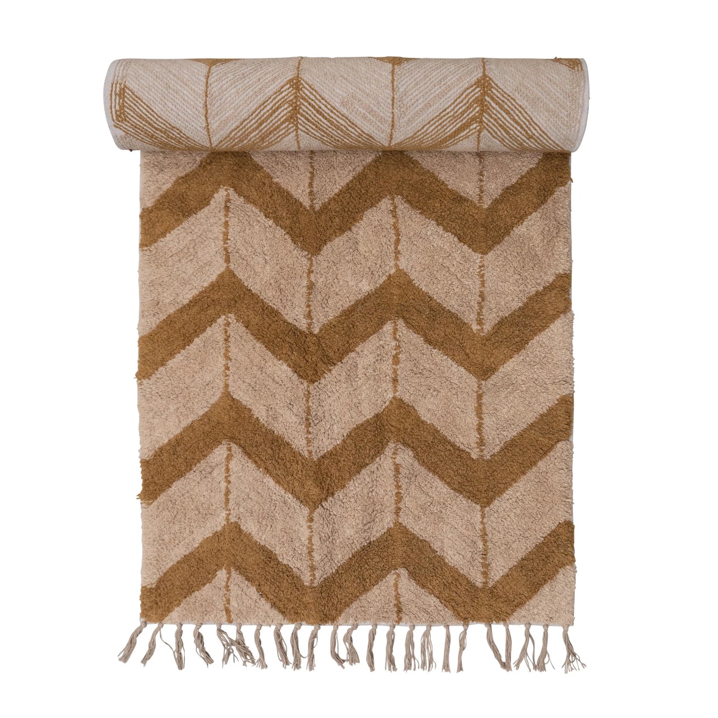 Rug Runner Cotton Tufted with Chevron Pattern and Fringe Tan & Brown