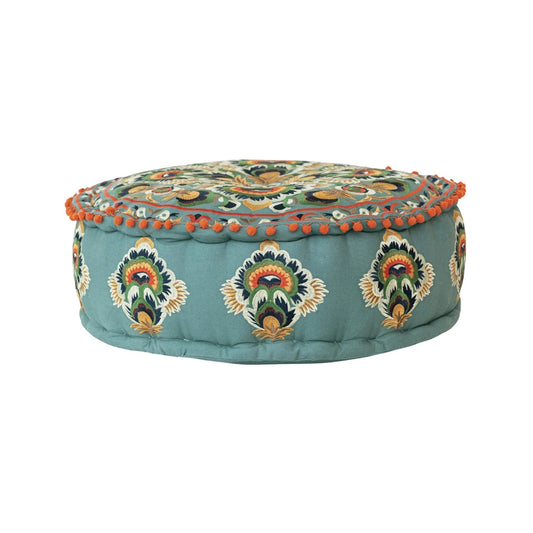 Pouf Cotton Embroidered w/ Pom Poms Multi Color 24" Round 8"H