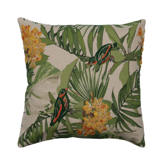 Throw Pillow Square Cotton Embroidery, Birds, Florals 20"