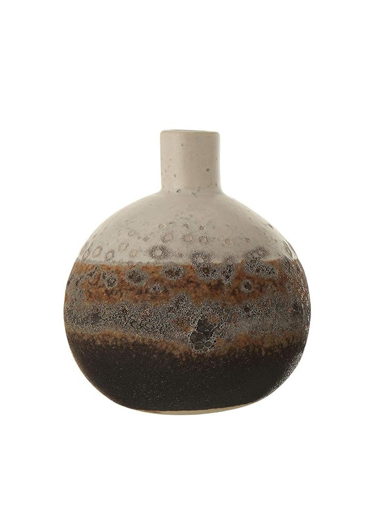 Vase Stoneware Textured Ombre Reactive Glaze Brown & White Round Bottle