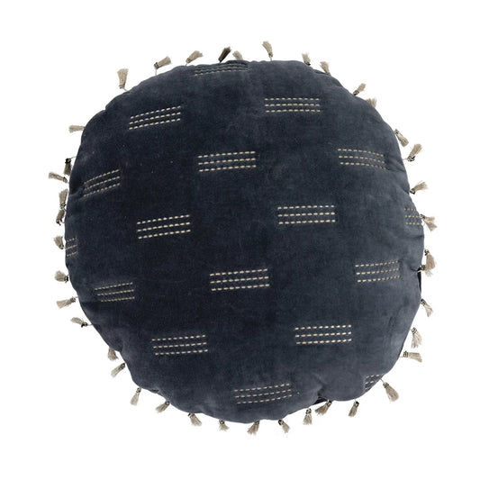 Pillow Round Cotton Velvet Embroidered w/ Metallic Embroidery and Tassels Blue and Gold 16"