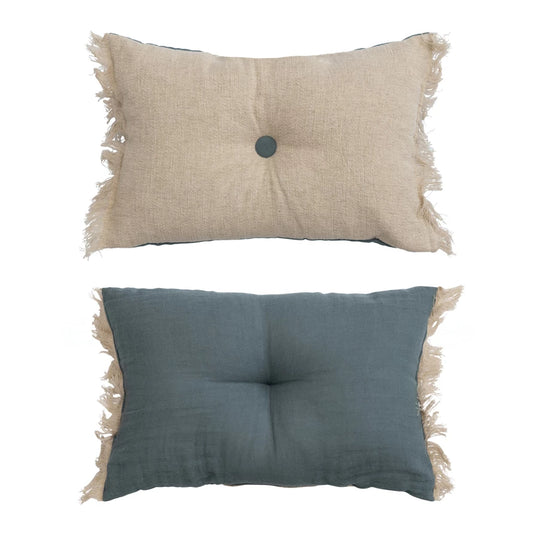 Lumbar Pillow Tufted Button & Fringe Linen Blend Blue & Natural 16" x 10"