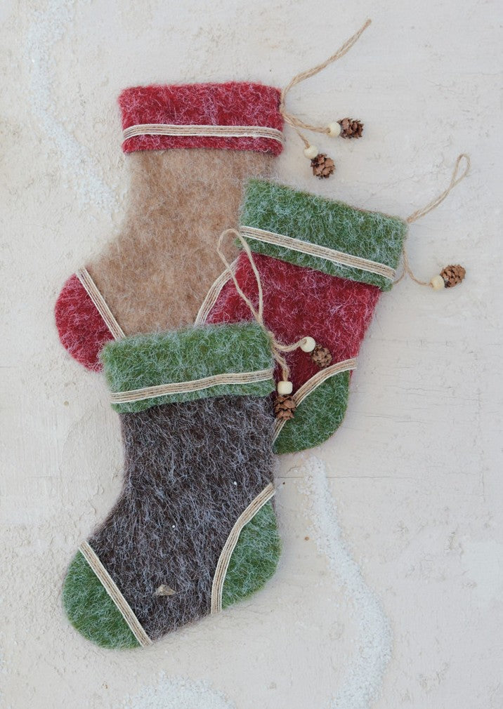 Ornament - Polyester Felt - Stocking with Pinecone - 6.25"h