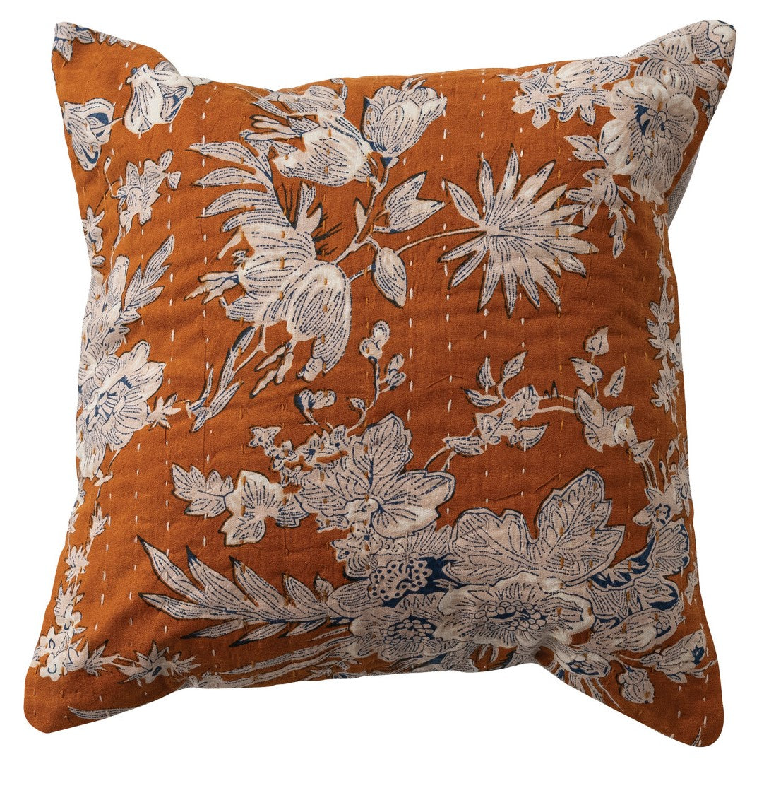 Pillow Cotton Voile Kantha Stitched Floral Orange 12" Square