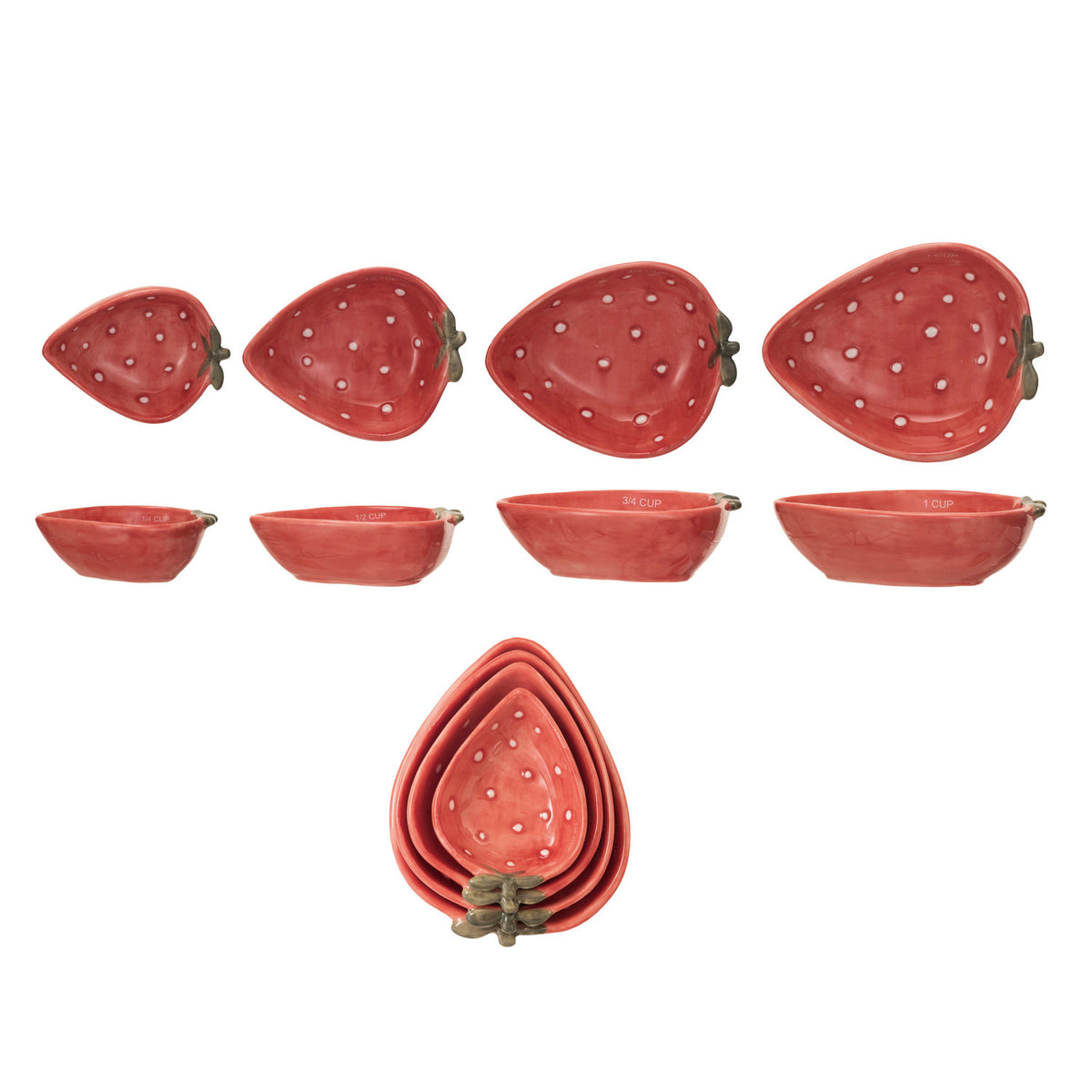 1, 3/4, 1/2 & 1/4 Cup Hand-Painted Strawberry Shaped Measuring Cups. (Set of 4)