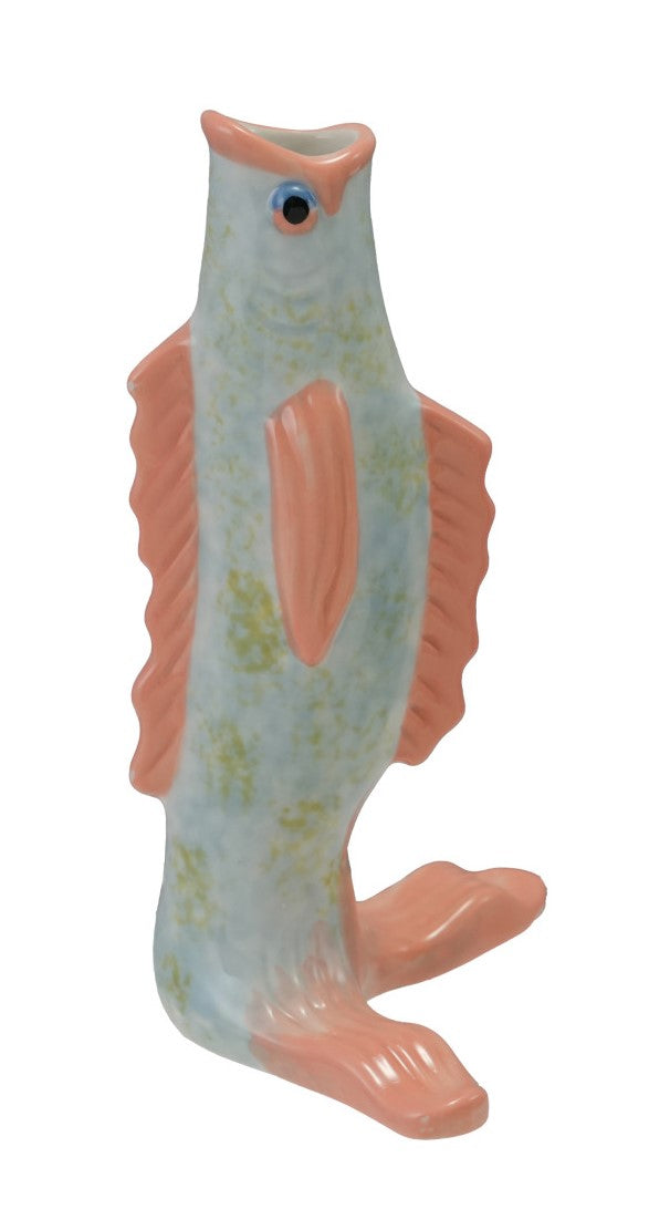 Vase Stoneware Fish Orange, Blue & Green 7.5"H