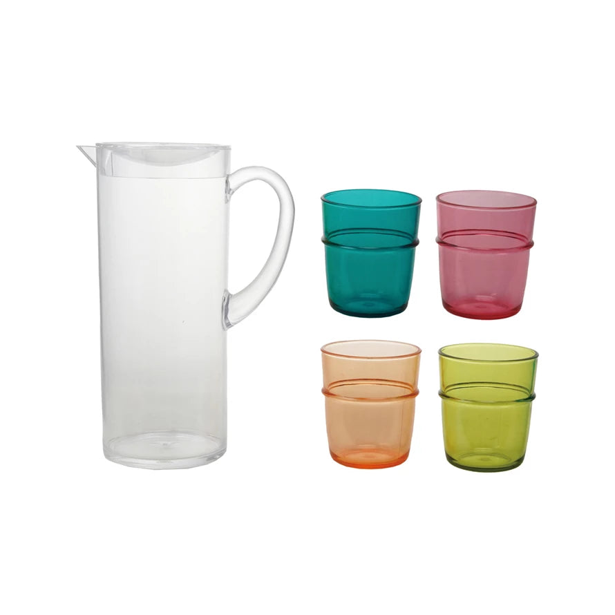 2 Quart Acrylic Pitcher with (4) 12 oz. Stackable Glasses, Set of 5
