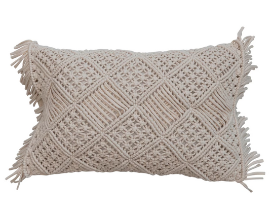 Pillow Lumbar Macrame Cotton with Fringe, Natural