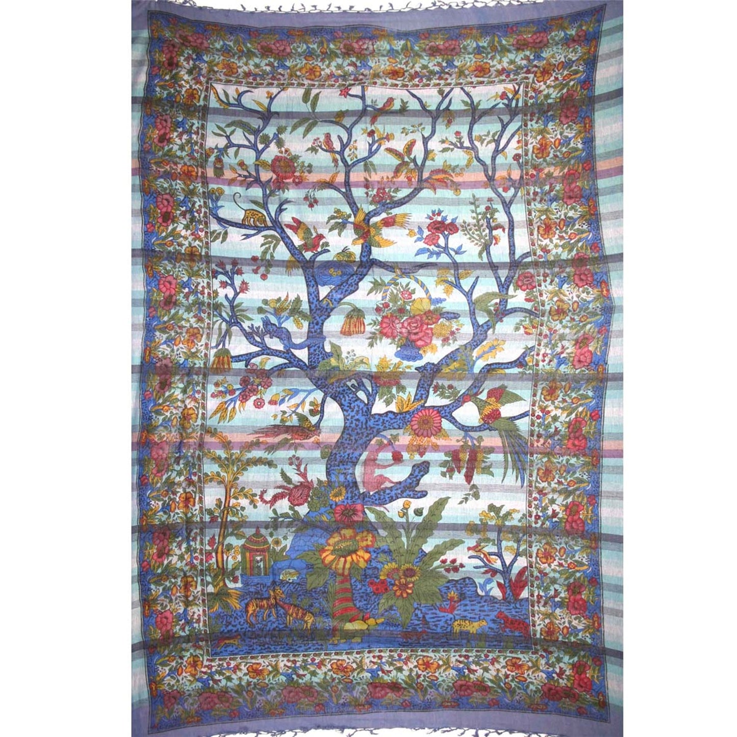 Tapestry Full Size Overprint Madras Tree Of Life Blue