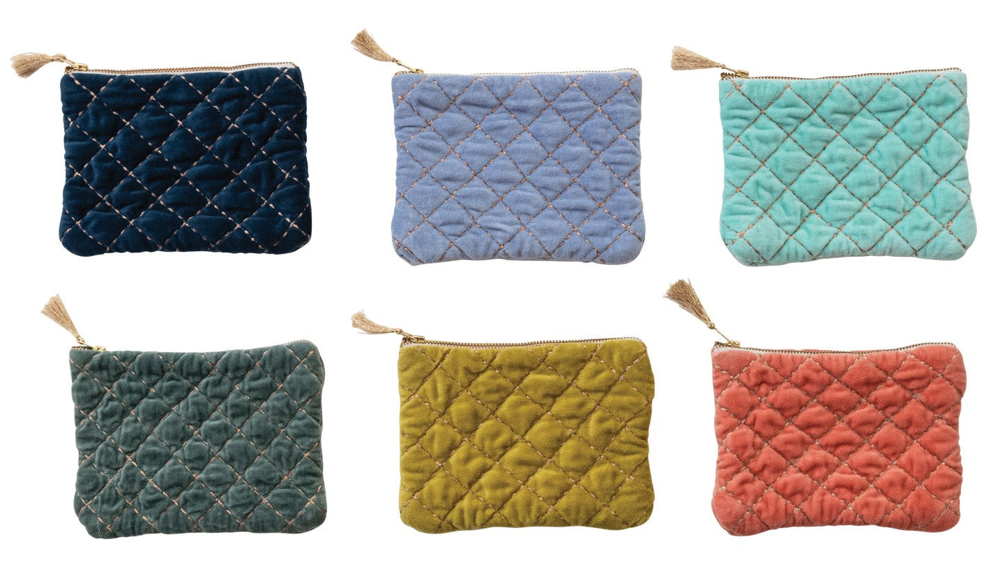 Zip Pouch Quilted Cotton Velvet w/ Tassel, 6 Colors (Sold Individually)