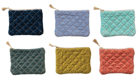 Zip Pouch Quilted Cotton Velvet w/ Tassel, 6 Colors (Sold Individually)