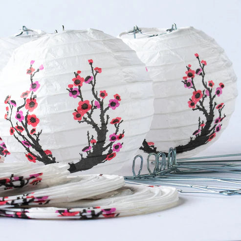 String Lights Paper Lanterns Set of 10 4" Round Cherry Blossom