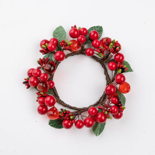 Candle Ring - Faux  Bright Red Berry and Leaf