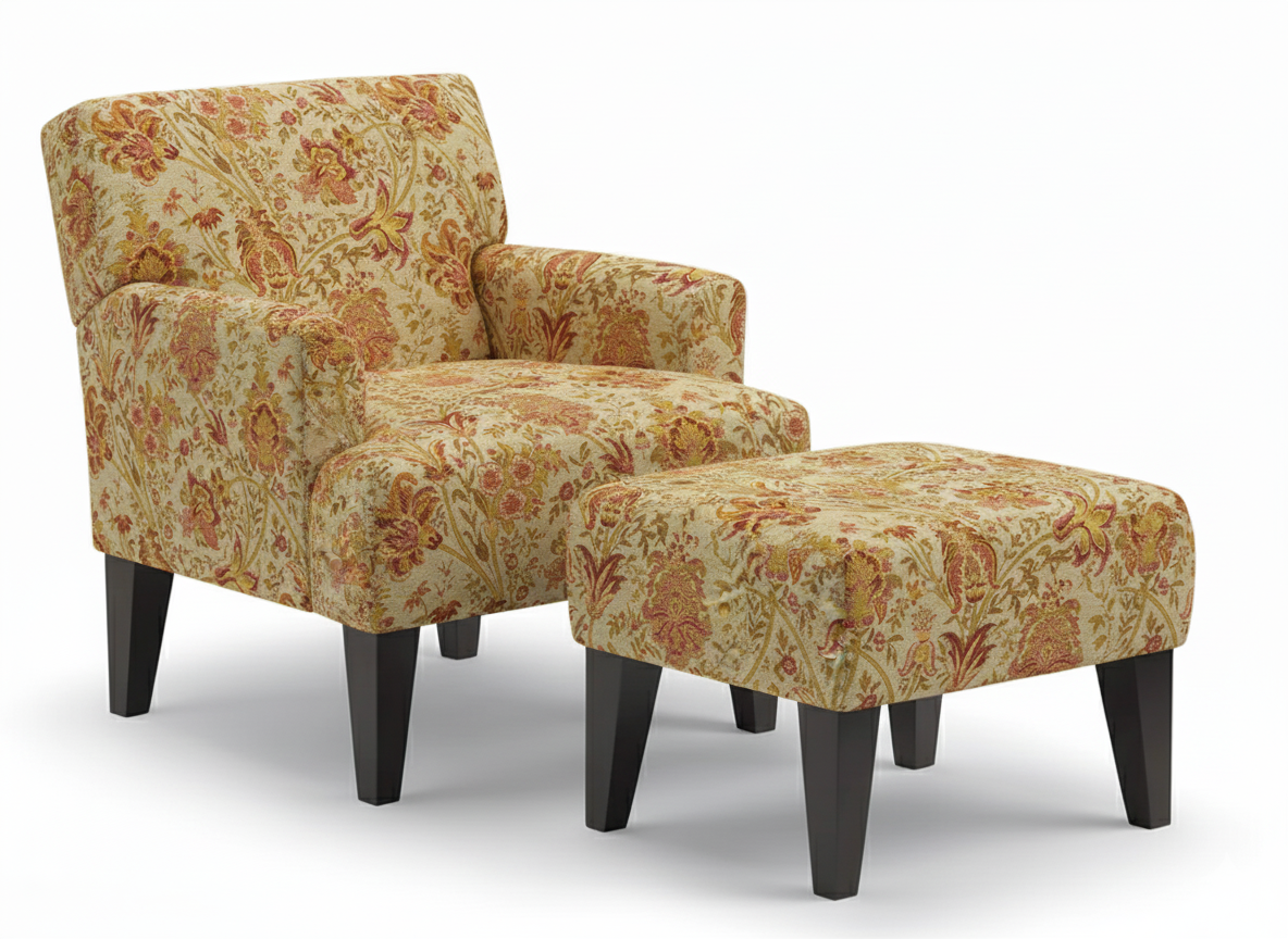 Randi Chair + Ottoman in Precious Fabric & Espresso Leg