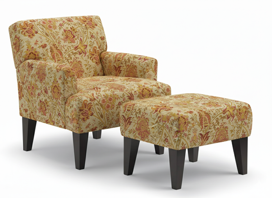 Randi Chair + Ottoman in Precious Fabric & Espresso Leg