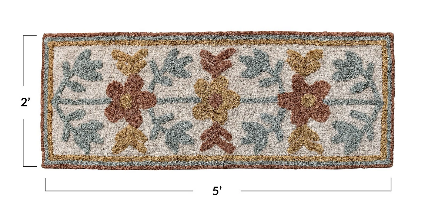 Rug Runner Cotton Tufted w/ Flowers Multi Color 2' x 5'