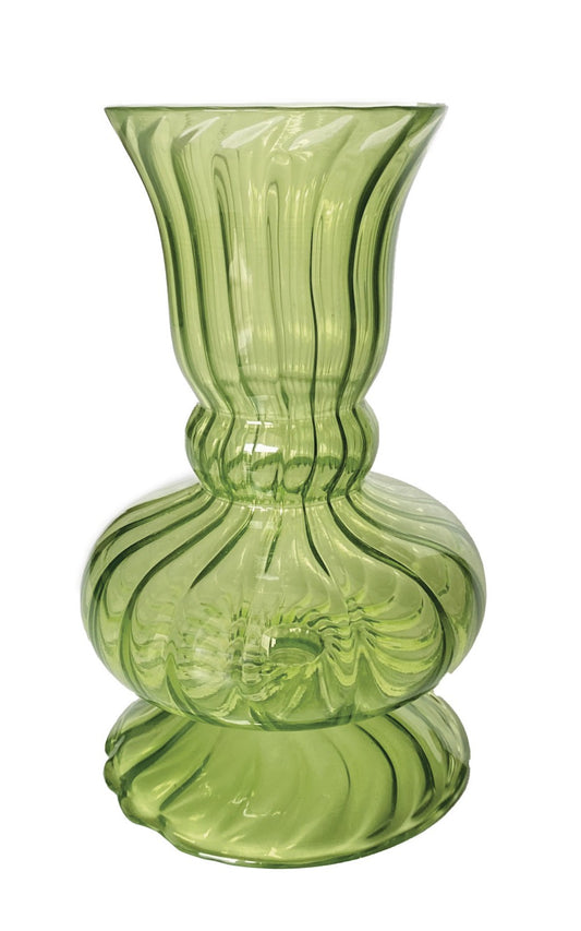 Vase Fluted Hand-Blown Green 6.75"h