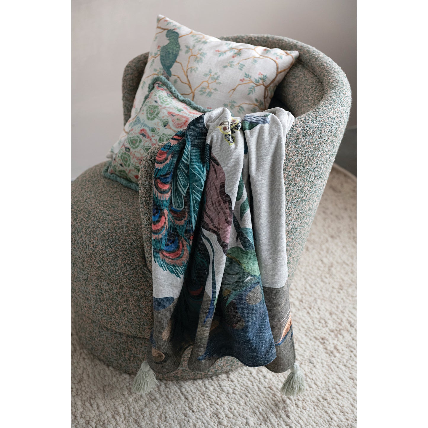 Throw Blanket Poly Fabric Blend Peacock, Birds, Butterfly 60"L x 50"W