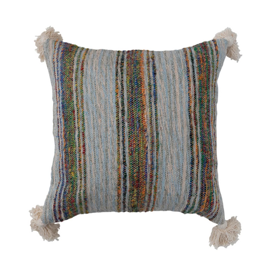 Pillow Hand Woven Cotton Stripe w/Tassels Multicolor 18" Square