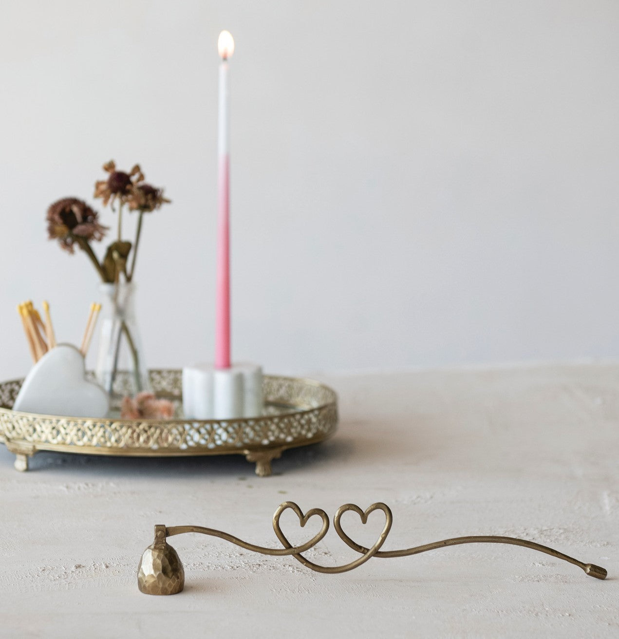 Candle Snuffer Iron Heart Shaped Handle Antique Gold Finish 11"l