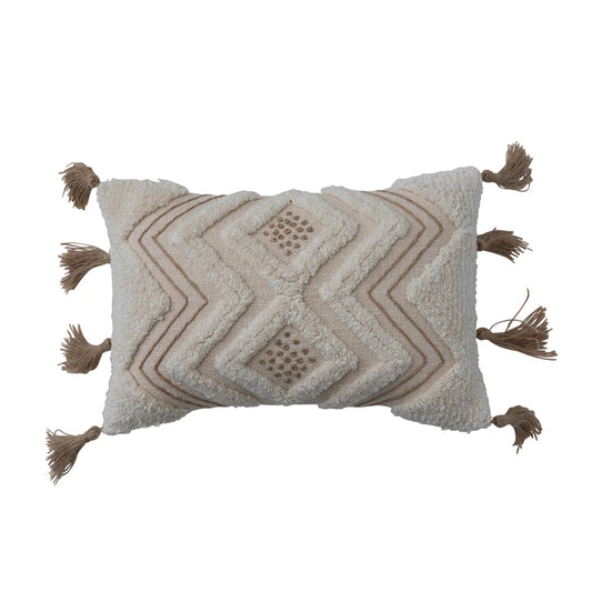 Lumbar Pillow Embroidery & Jute Tassels Tufted Cotton Slub Natural 14" x 9"